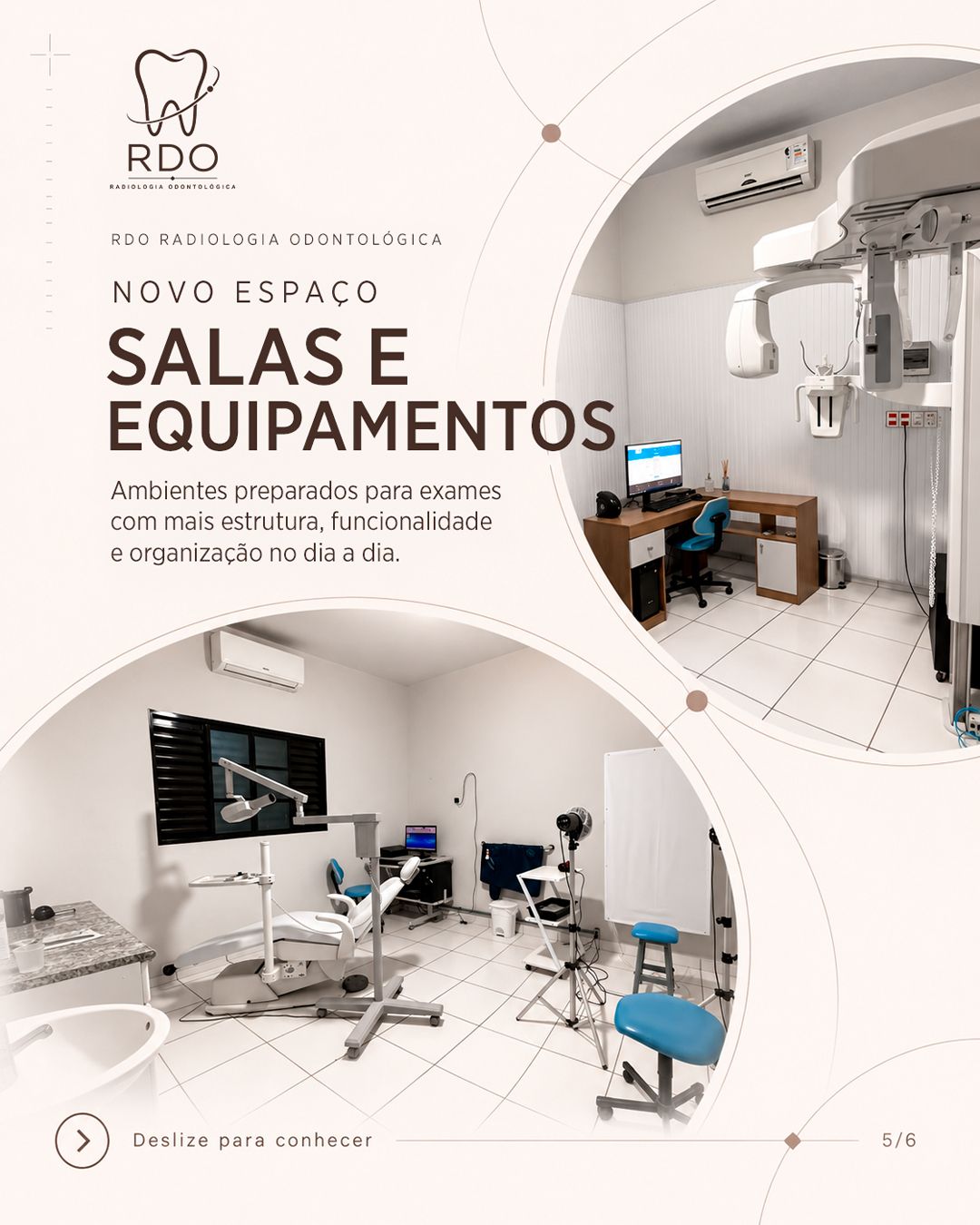 Novo espaço: salas e equipamentos. Ambientes preparados para exames com mais estrutura, funcionalidade e organização no dia a dia. Fotos de duas salas de exame.